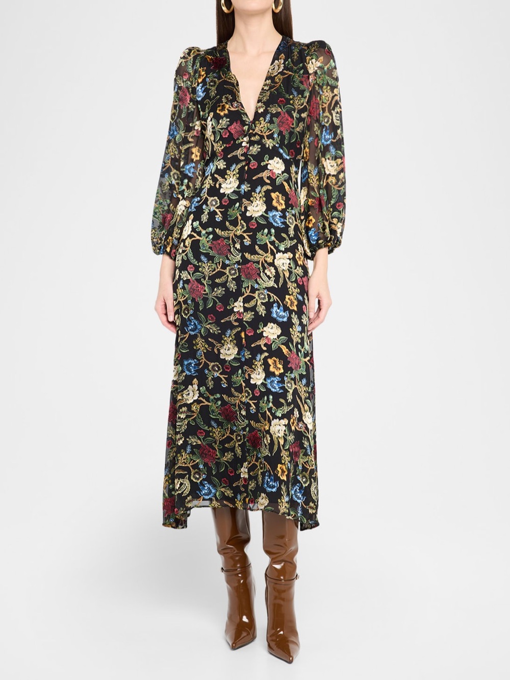 ALICE + OLIVIA Mona Floral Tapestry Blouson Midi Dress